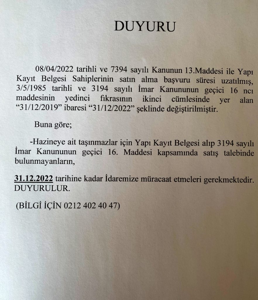 Yapı Kayıt Belgesi Süre Uzatımı Hk.