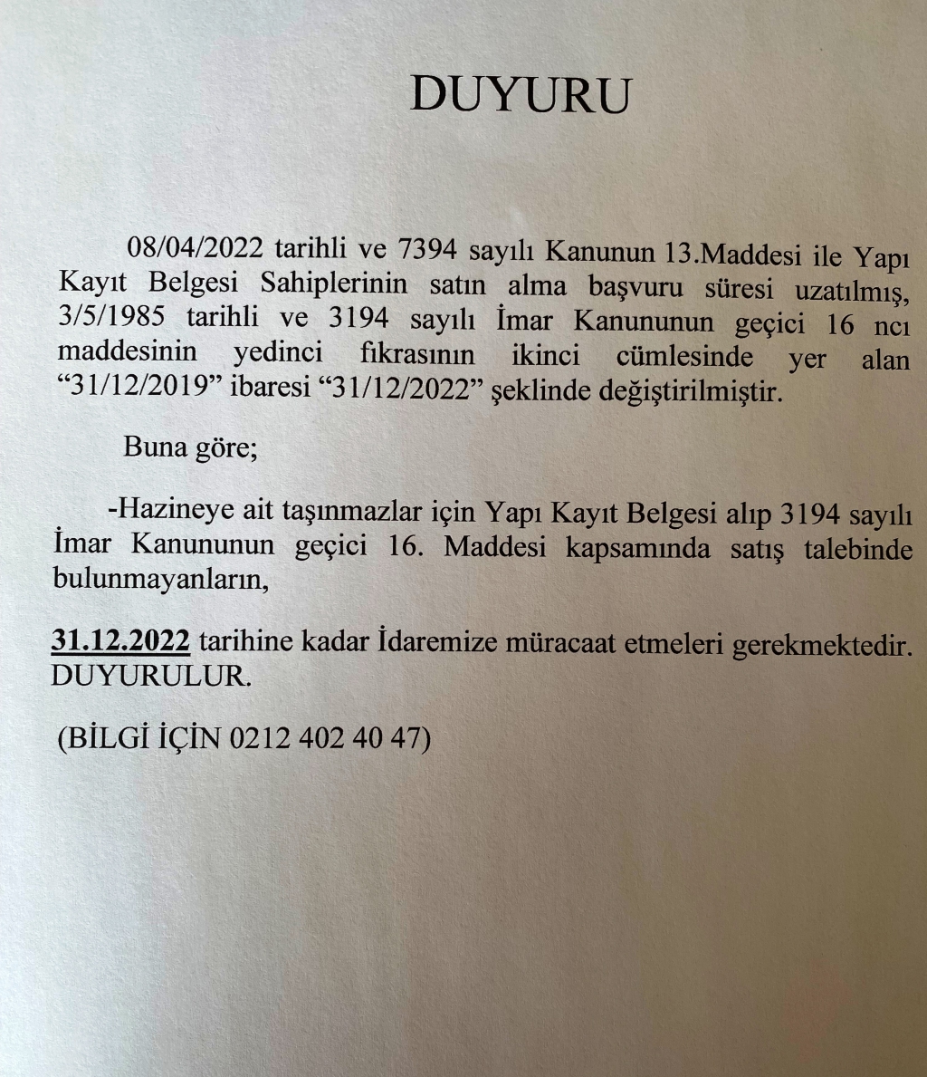 YAPI KAYIT BELGESİ SÜRE UZATIMI HK./YAPI KAYIT BELGESİ SÜRE UZATIMI HK